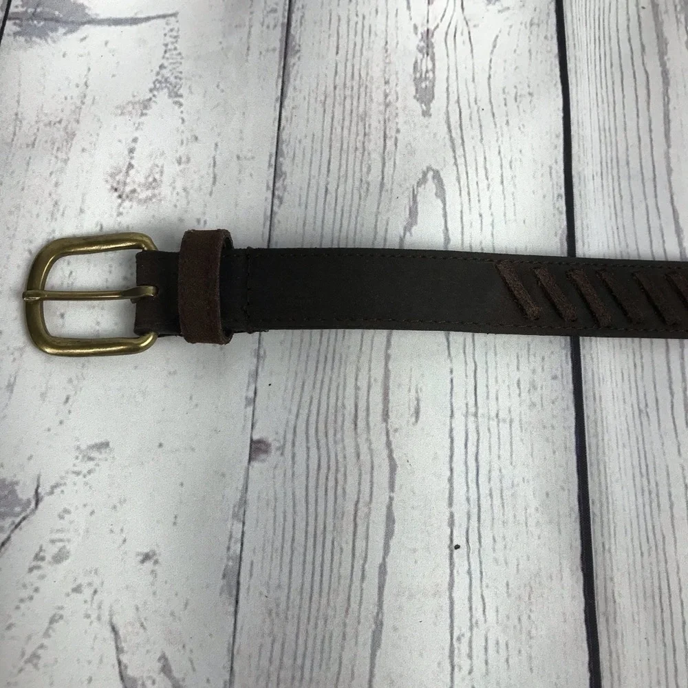 Chocolate brown suede whipstitch belt XL brass bkl